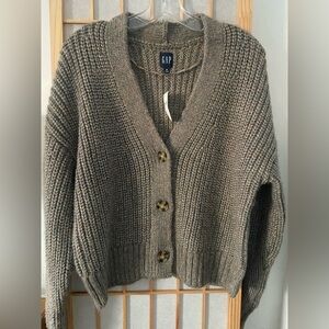 GAP Women's Textured Gray Cardigan with Gold Metallic Flare